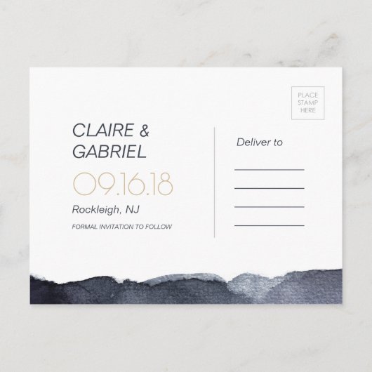 Indigo Aquarell modern, einfach Save the Date Ankündigungspostkarte (Rückseite)