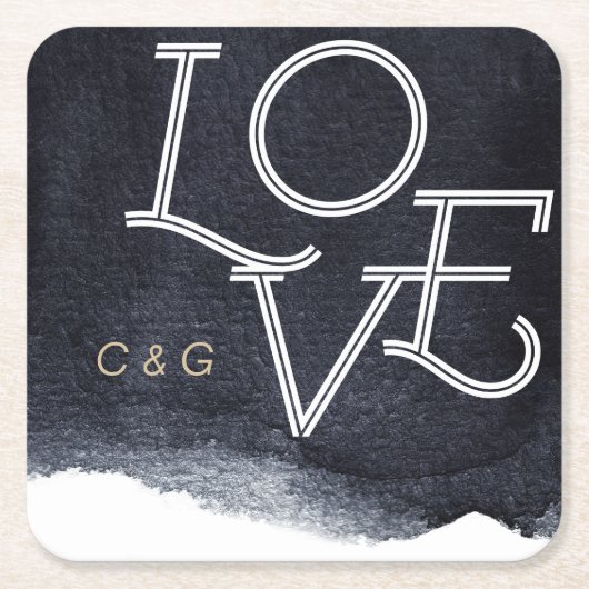 Indigo Aquarell Modernes einfaches Paar Monogramm Rechteckiger Pappuntersetzer (Vorderseite)