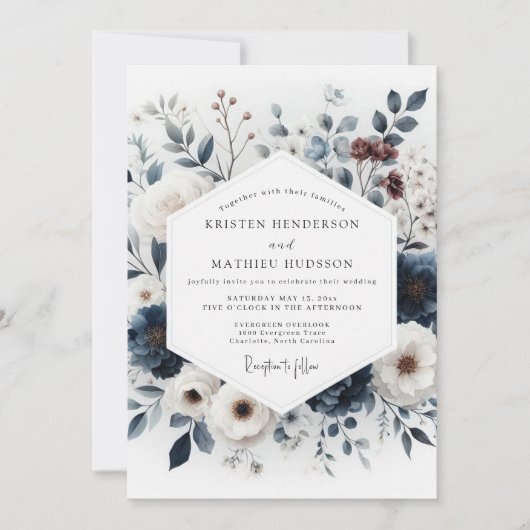 Indigo Artful Bouquet Wedding Einladung (Vorderseite)