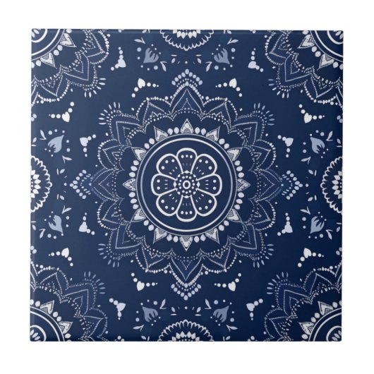 Indigo Azulejo Blue Portugia Mandala Decorative Fliese (Vorderseite)