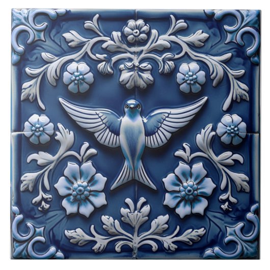 Indigo Azulejo Blue Portuguese Lisbon bird Fliese (Vorderseite)