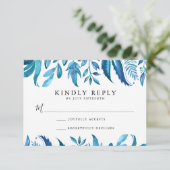Indigo-Blätter | HochzeitsrSVP RSVP Karte (Stehend Vorderseite)