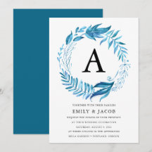 Indigo-Blätter | Monogramm-Hochzeitseinladung