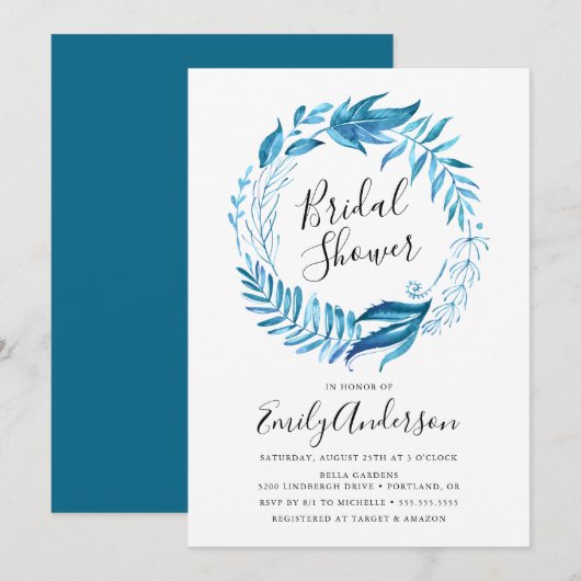 Indigo-Blätter | Wreath Bridal Dusche Einladung (Vorne/Hinten)