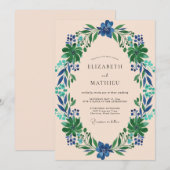 Indigo-Blattkranz-Hochzeit Einladung (Vorne/Hinten)