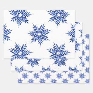 Indigo-Blau-Aquarell-Schneeflockenmuster   Geschenkpapier Set