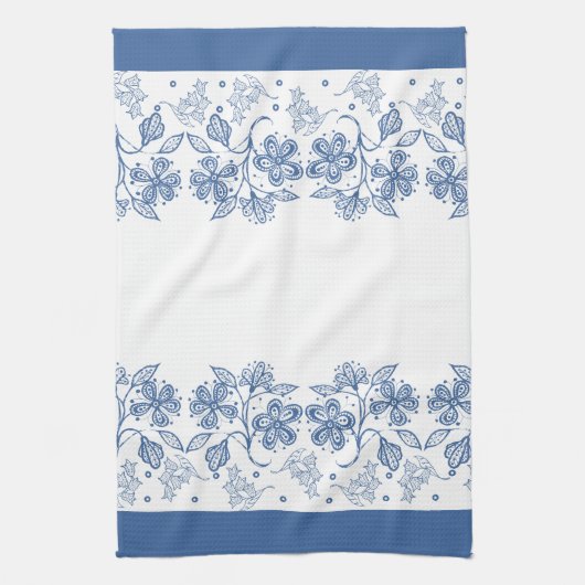 Indigo-Blau auf weißem BlumengrenzGeschirrtuch Geschirrtuch (Vertikal)