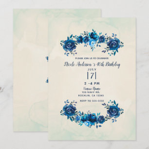 Indigo Blau Beige Aquarell Blumen Geburtstag Einladung