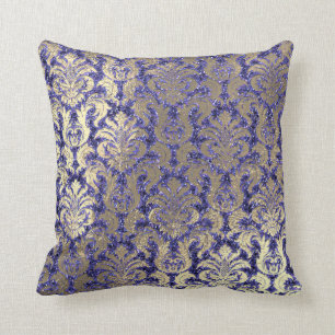 Indigo-Blau-Kobalt-Damastsepia-Samt-Paillette-Gold Kissen