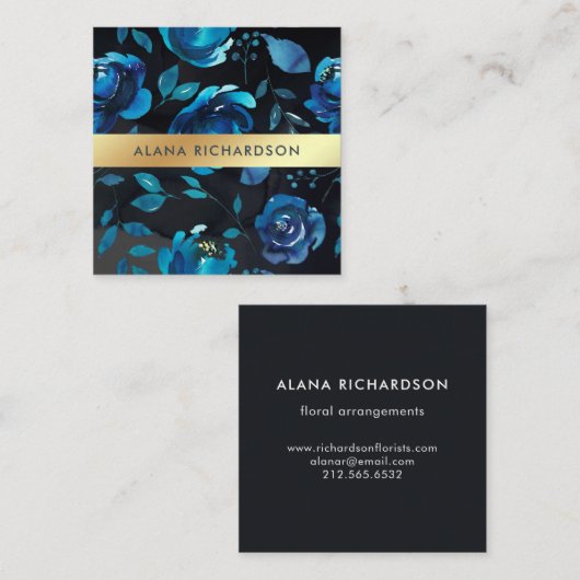 Indigo-Blau mit Blumen mit Imitat-Goldblick Quadratische Visitenkarte (Vorne/Hinten)