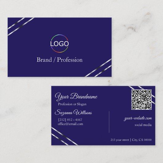 Indigo Blau mit Silberlinien-Logo und QR-Code Visitenkarte (Vorne/Hinten)