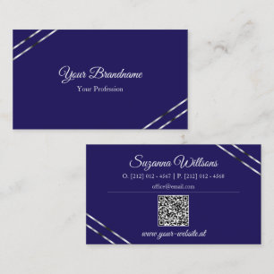 Indigo Blau mit Silberlinien und QR-Code Elegant Visitenkarte