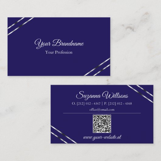 Indigo Blau mit Silberlinien und QR-Code Elegant Visitenkarte (Vorne/Hinten)
