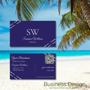 Indigo Blau mit silbernen Linien Monogramm und QR- Visitenkarte