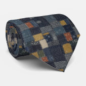 Indigo-Blau Sashiko- & Kasuri-Patchwork Krawatte (Gerollt)