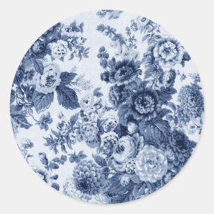 Indigo Blau Vintage Blumen Toile Nr.3 Runder Aufkleber