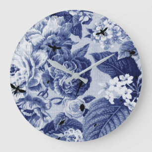 Indigo Blau Vintage Botanical & Bugs Floral Toile Große Wanduhr