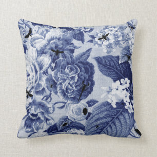 Indigo Blau Vintage Botanical & Bugs Floral Toile Kissen