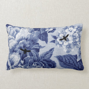 Indigo Blau Vintage Botanical & Bugs Floral Toile Lendenkissen