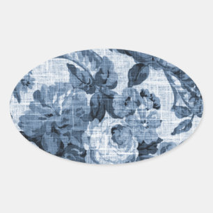 Indigo Blau Vintage Botanisch Blumig Toile Nr.5 Ovaler Aufkleber