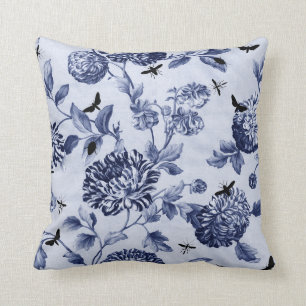Indigo Blau Vintage Botanische Insekten Blumen-Toi Kissen