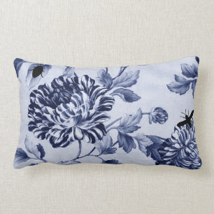 Indigo-Blau-Vintage botanische Wanzen BlumenToile Lendenkissen