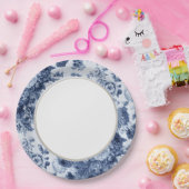 Indigo-Blau Vintages BlumenToile Gewebe No.3 Pappteller (Party)