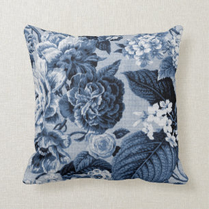 Indigo-Blau Vintages botanisches BlumenToile No.1 Kissen