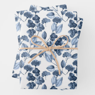 Indigo-Blau Wasserfarbe Floral Geschenkpapier Set