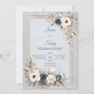 Indigo Blau Weiß Gold Floral Winter Elegant Einladung