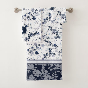 Indigo-Blauclematis-Blumenentwurf personalisiert Badhandtuch Set