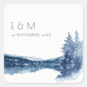 INDIGO BLAUE BERGSEE MONOGRAM WEDD QUADRATISCHER AUFKLEBER