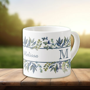 Indigo Blaue Blätter Rand Monogramm Espressotasse