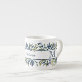 Indigo Blaue Blätter Rand Monogramm Espressotasse (Vorderseite Rechts)