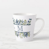 Indigo Blaue Blätter Rand Monogramm Milchtasse (Rechts)