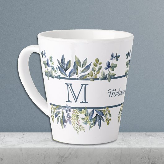Indigo Blaue Blätter Rand Monogramm Milchtasse