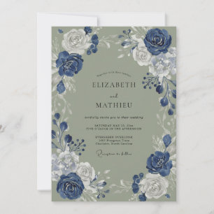 Indigo Blaue Florale Hochzeitsromanze Einladung
