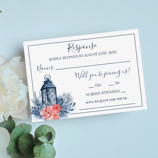 Indigo Bliss Watercolor Floral Lantern Wedding RSVP Karte
