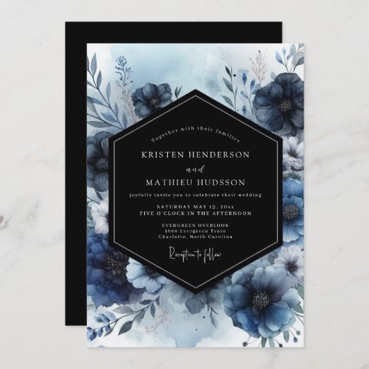 Indigo Bloom Whimsy Wedding Einladung (Vorne/Hinten)