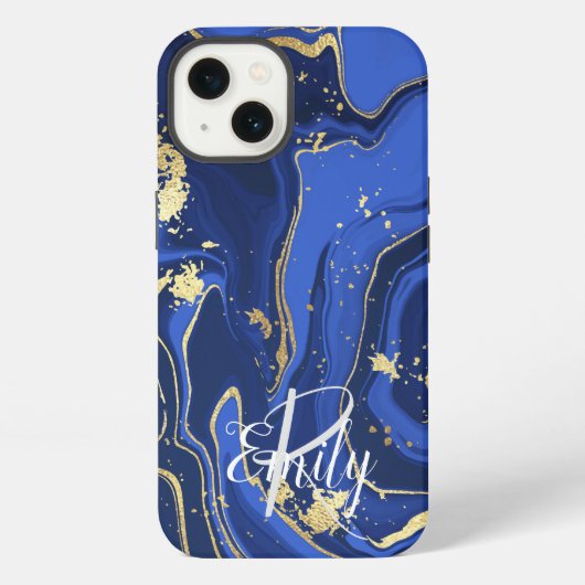 Indigo Blue Agate Marble Abstrakt Name Monogram iPhone Hülle (Rückseite)