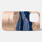 Indigo Blue Agate & Rose Gold Glitzer Modernster Case-Mate iPhone Hülle (Rückseite (Horizontal))