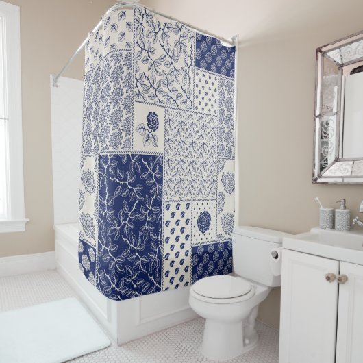 Indigo Blue Beige Floral Patchwork Duschvorhang (Beispiel)