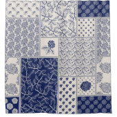 Indigo Blue Beige Floral Patchwork Duschvorhang (Vorderseite)