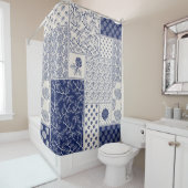 Indigo Blue Beige Floral Patchwork Duschvorhang (Beispiel)