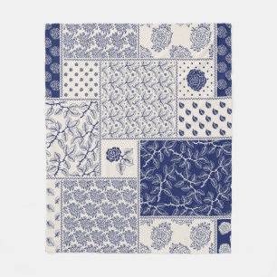 Indigo Blue Beige Floral Patchwork Fleecedecke