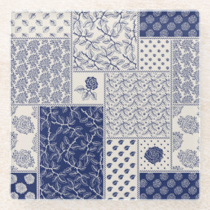Indigo Blue Beige Floral Patchwork Glasuntersetzer