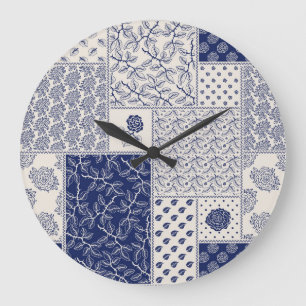 Indigo Blue Beige Floral Patchwork Große Wanduhr