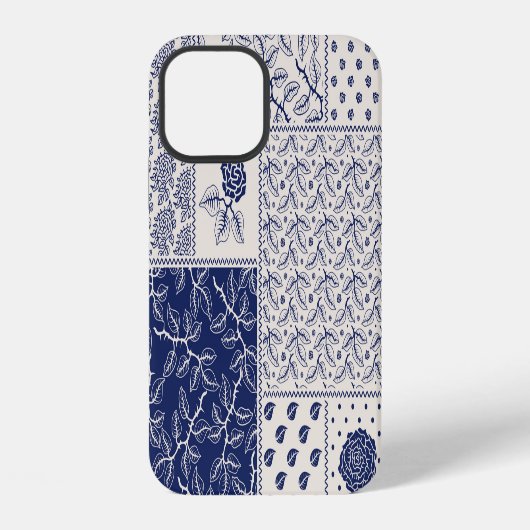 Indigo Blue Beige Floral Patchwork iPhone Hülle (Rückseite)