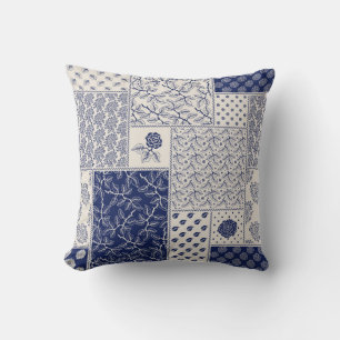 Indigo Blue Beige Floral Patchwork Kissen