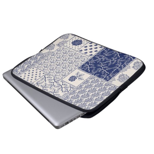 Indigo Blue Beige Floral Patchwork Laptopschutzhülle (Vorne Knopf)